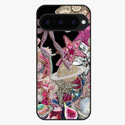 Starlit Jewel Dream Glass Case showing flat back view with sparkling jewel and star themed artwork and glossy glass finish.