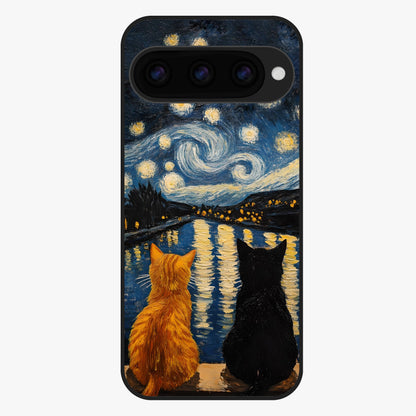 Starry River Cats Glass Case showing flat back view with cats by a starry river artwork and glossy glass finish.