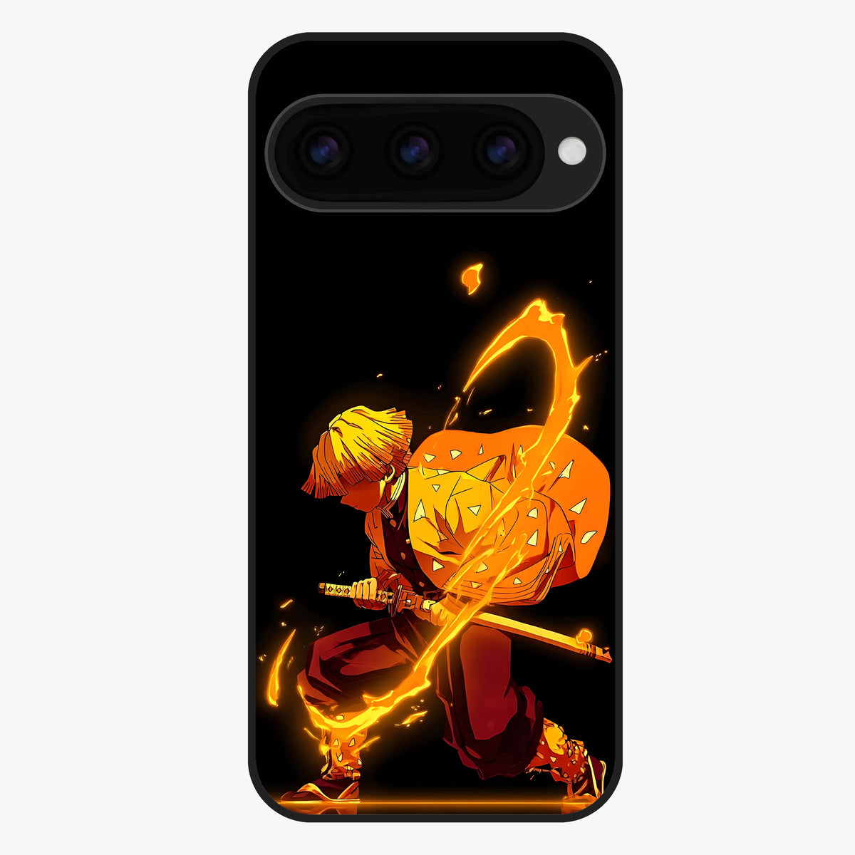 Thunder Flame Execution Glass Case showing flat back view with powerful flame and lightning artwork and glossy glass finish.