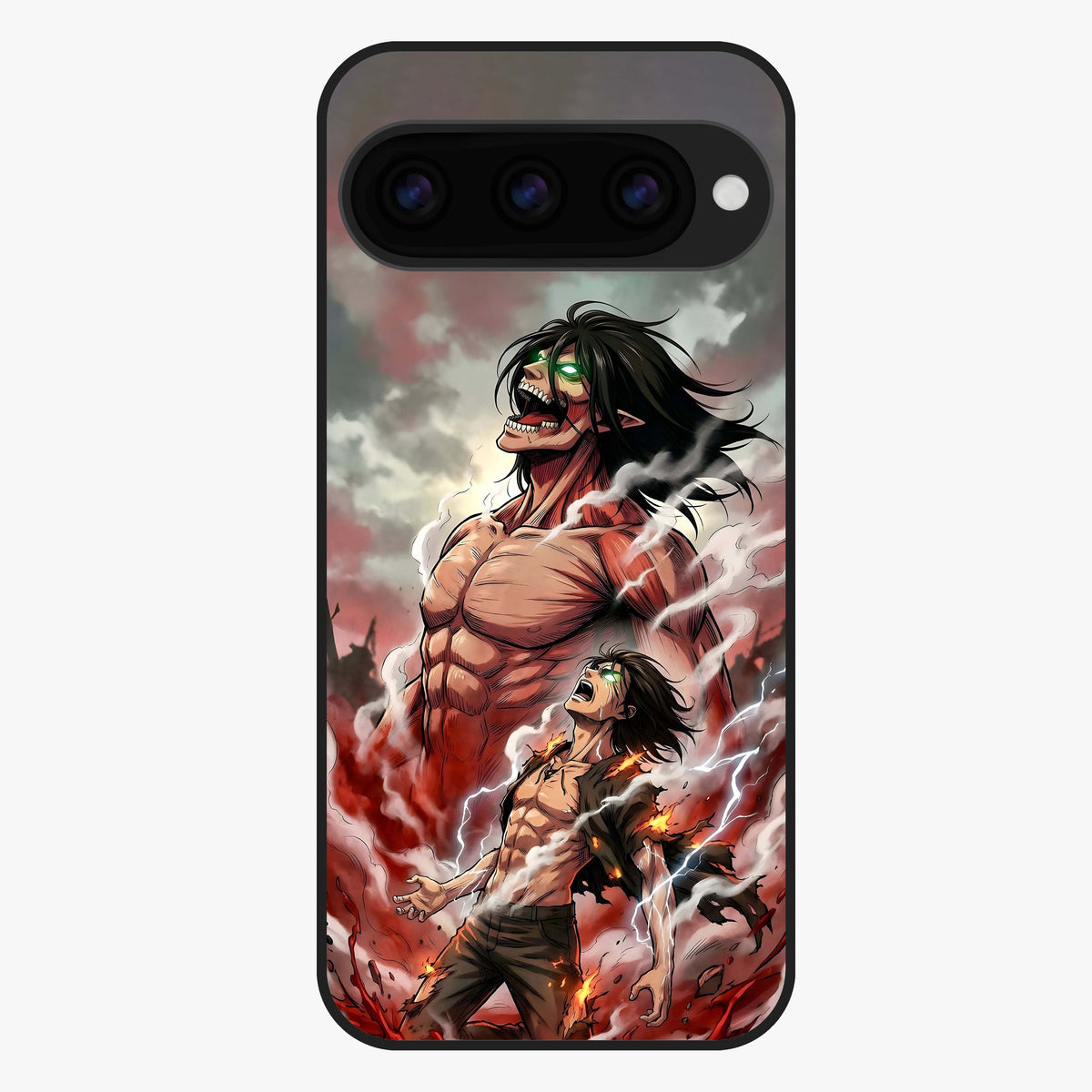 Titan Awakening Fury Glass Case showing flat back view with powerful titan inspired artwork and glossy glass finish.