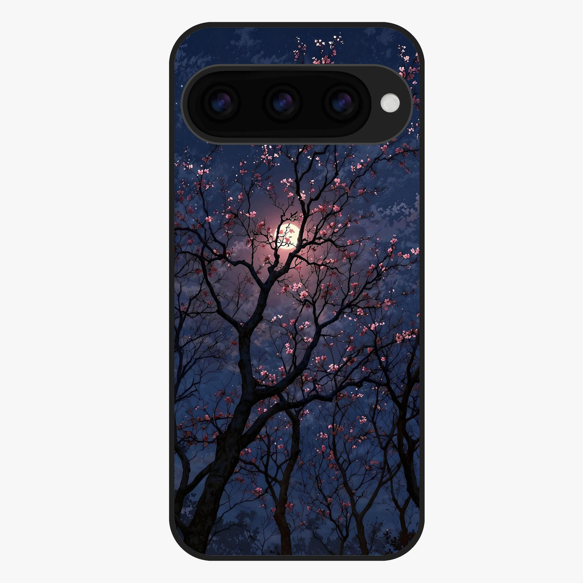 Twilight Sakura Serenade Glass Case showing flat back view with cherry blossom artwork at twilight and glossy glass finish.