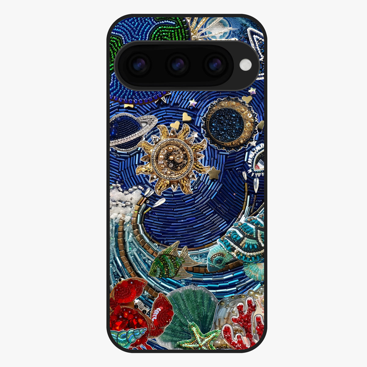 Universe Underwater Spark Glass Case showing flat back view with cosmic underwater themed artwork and glossy glass finish.