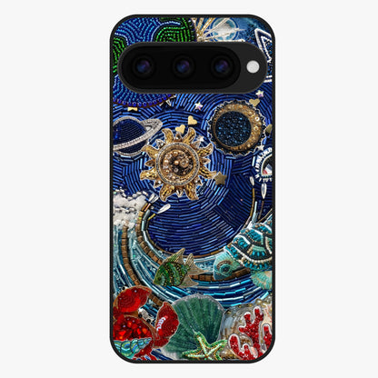 Universe Underwater Spark Glass Case showing flat back view with cosmic underwater themed artwork and glossy glass finish.