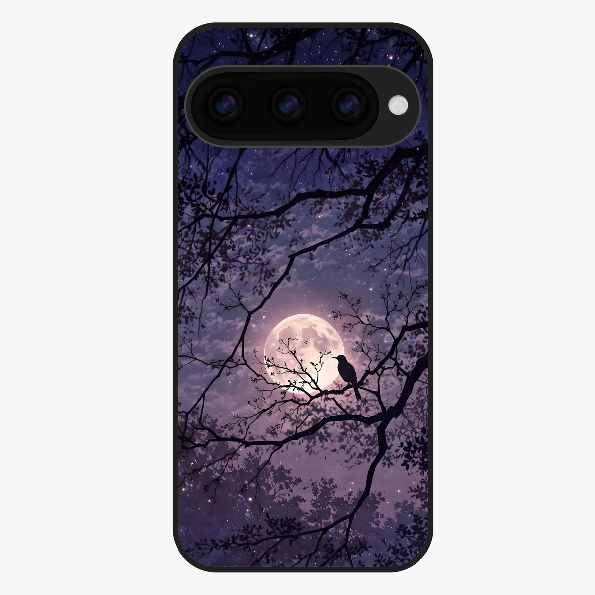 Whispering Moon Silence Glass Case showing flat back view with serene moon themed artwork and glossy glass finish.