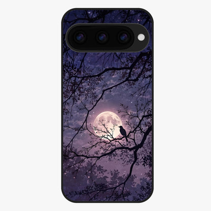 Whispering Moon Silence Glass Case showing flat back view with serene moon themed artwork and glossy glass finish.