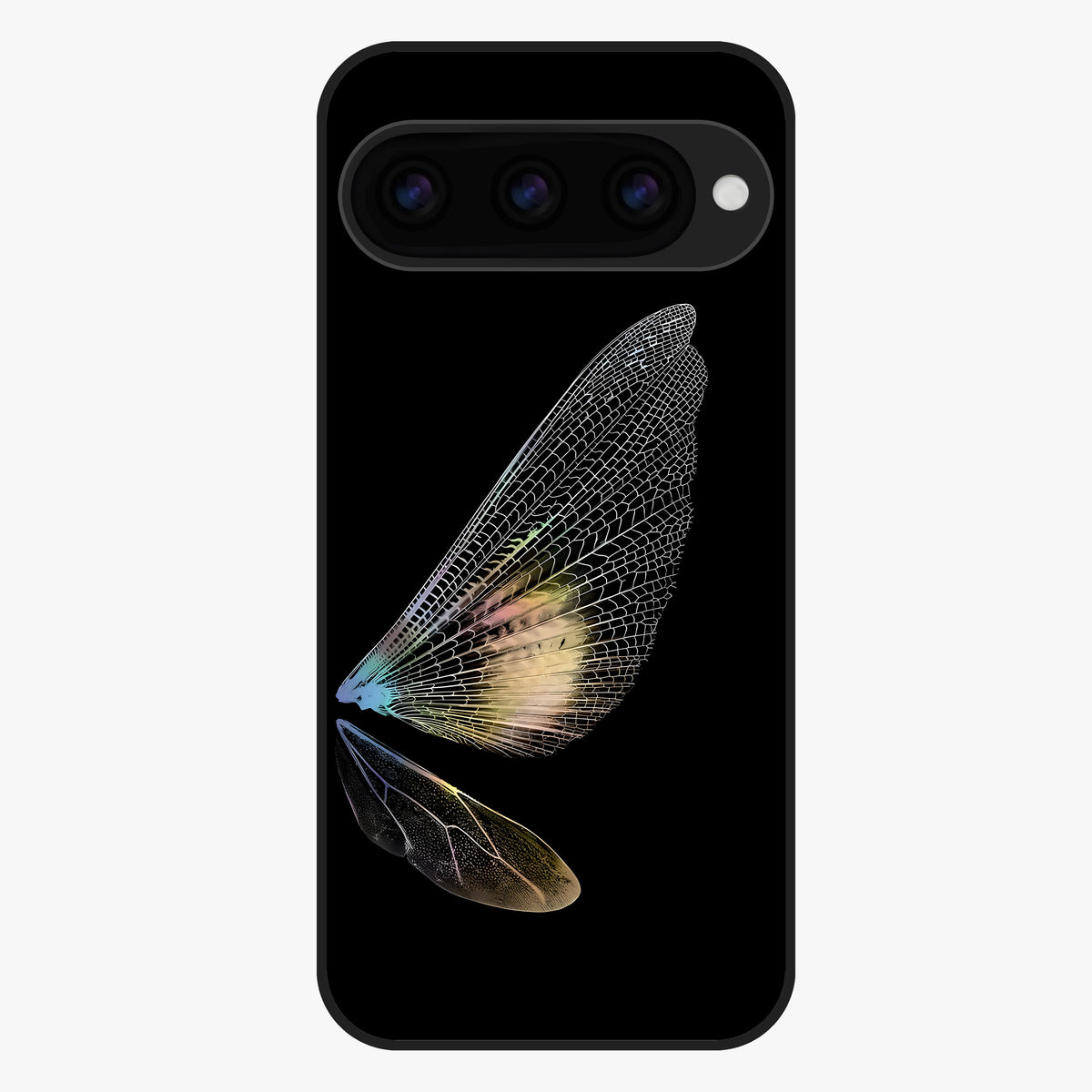 Whispers Of Wings Glass Case showing flat back view with graceful wing inspired artwork and glossy glass finish.
