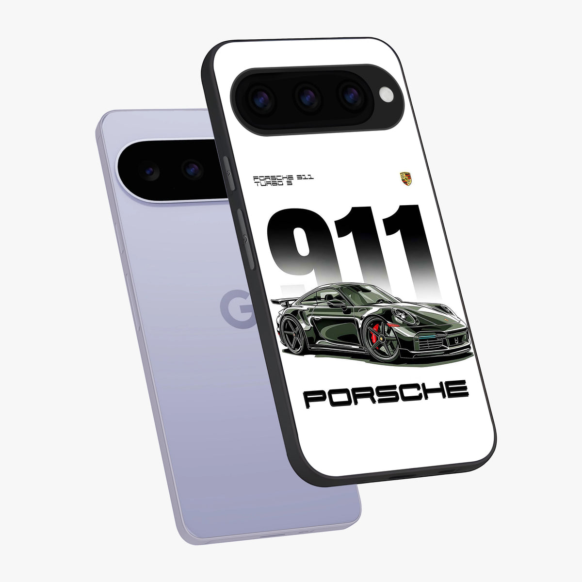 911 Turbo Dominance Glass Case displayed in premium angled mockup highlighting sporty car illustration and sleek glass surface.