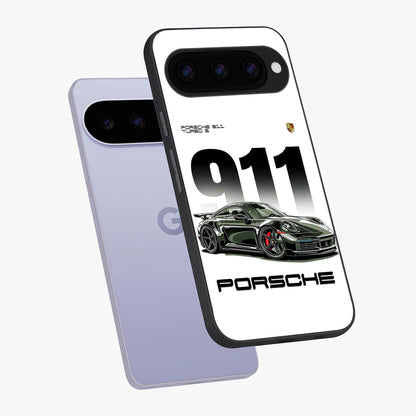 911 Turbo Dominance Glass Case displayed in premium angled mockup highlighting sporty car illustration and sleek glass surface.