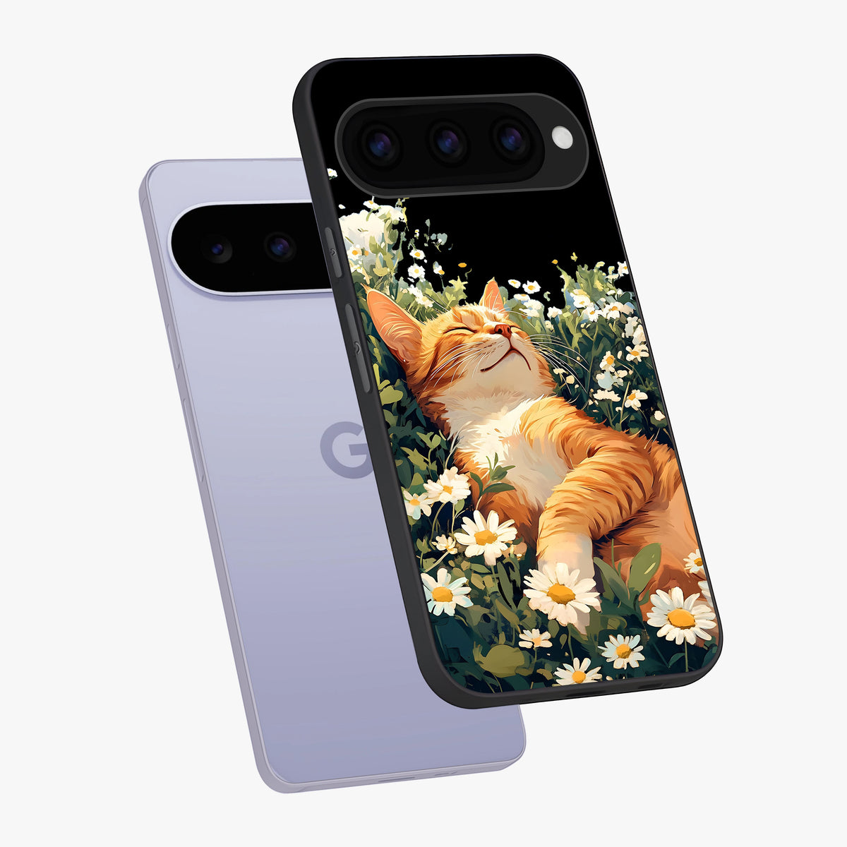 Blissful Bloom Cat Glass Case displayed in angled mockup highlighting playful feline illustration with soft floral aesthetic.