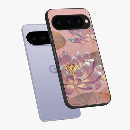 Blossom Mist Lotus Glass Case displayed in angled mockup highlighting delicate lotus illustration with calm aesthetic theme.