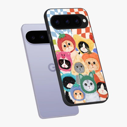Cats in Fruits Glass Case displayed in angled mockup highlighting cute feline fruit design with colorful aesthetic style.