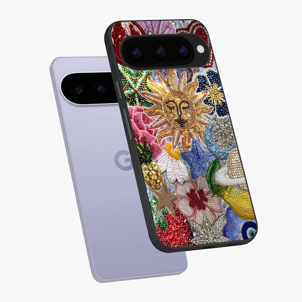 Celestial Floral and Playful Glass Case displayed in angled mockup highlighting playful floral design with dreamy celestial elements.