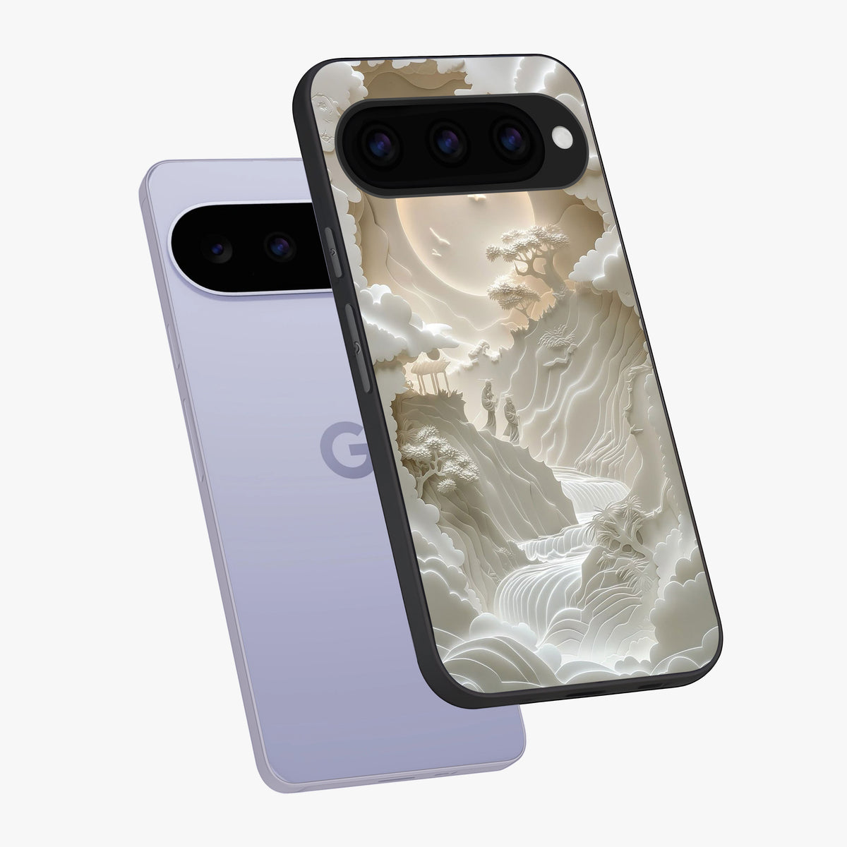 Celestial Origami Glass Case displayed in angled mockup highlighting geometric origami design with cosmic aesthetic theme.