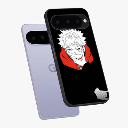 Crimson Chaos Smile Glass Case displayed in angled mockup highlighting edgy crimson smile design with graphic aesthetic.