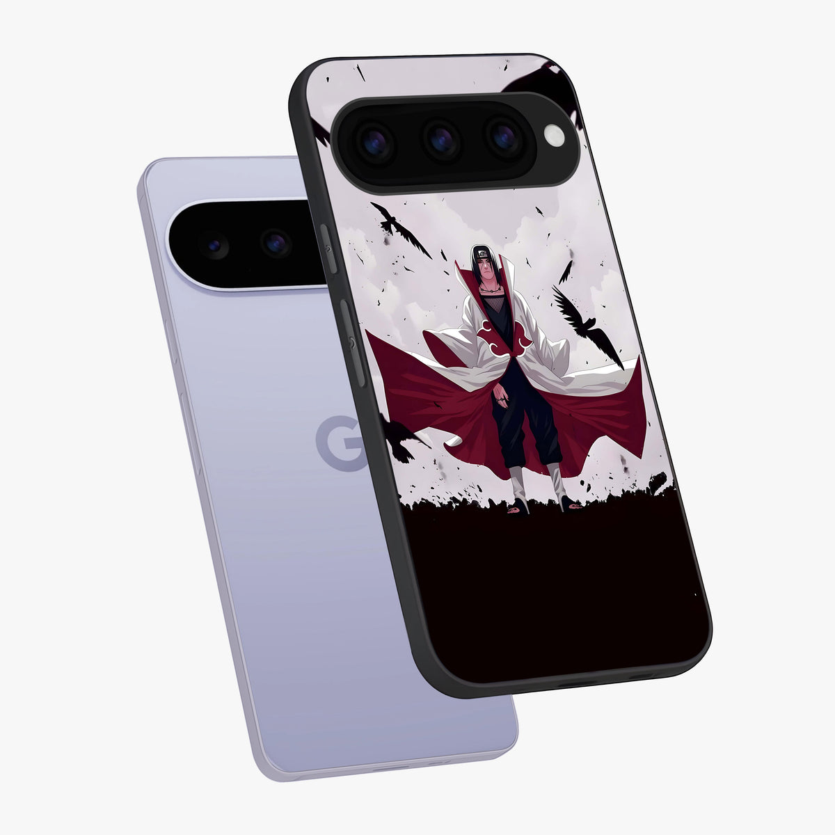 Crimson Crow Ascension Glass Case displayed in angled mockup highlighting powerful crow illustration with dark crimson aesthetic.