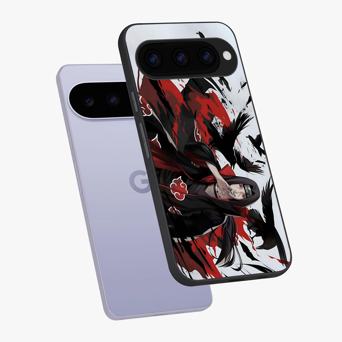 Crimson Crow Illusion Glass Case displayed in angled mockup highlighting mysterious crow graphic with dark aesthetic style.