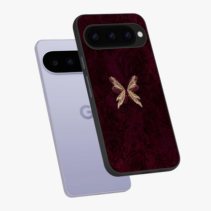 Crimson Fade Butterfly Glass Case displayed in angled mockup highlighting elegant butterfly design with crimson gradient aesthetic.