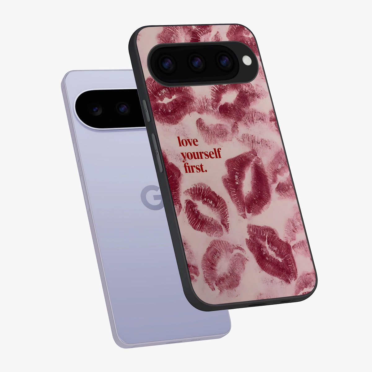 Crimson Kiss Love Glass Case displayed in angled mockup highlighting bold love inspired design with modern aesthetic style.