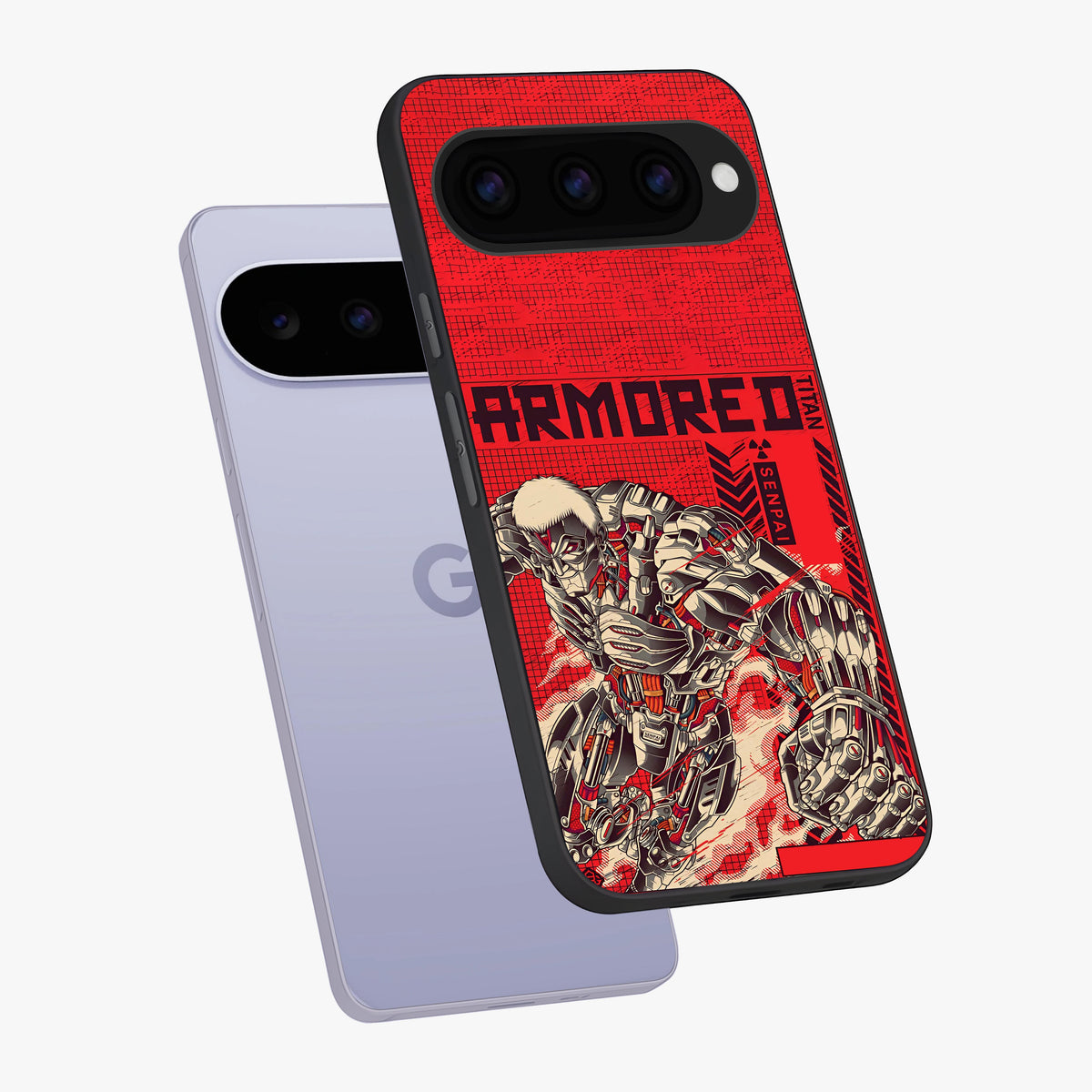 Crimson Mecha Titan Glass Case displayed in angled mockup highlighting futuristic mech illustration with bold crimson aesthetic.