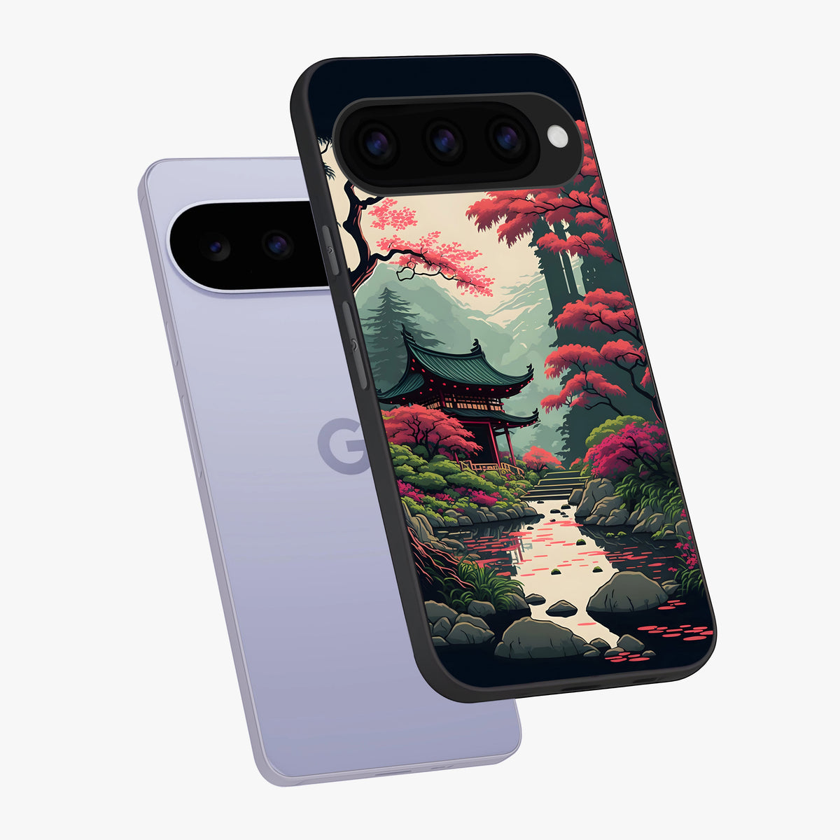 Crimson Temple View Glass Case displayed in angled mockup highlighting traditional temple illustration with crimson aesthetic.