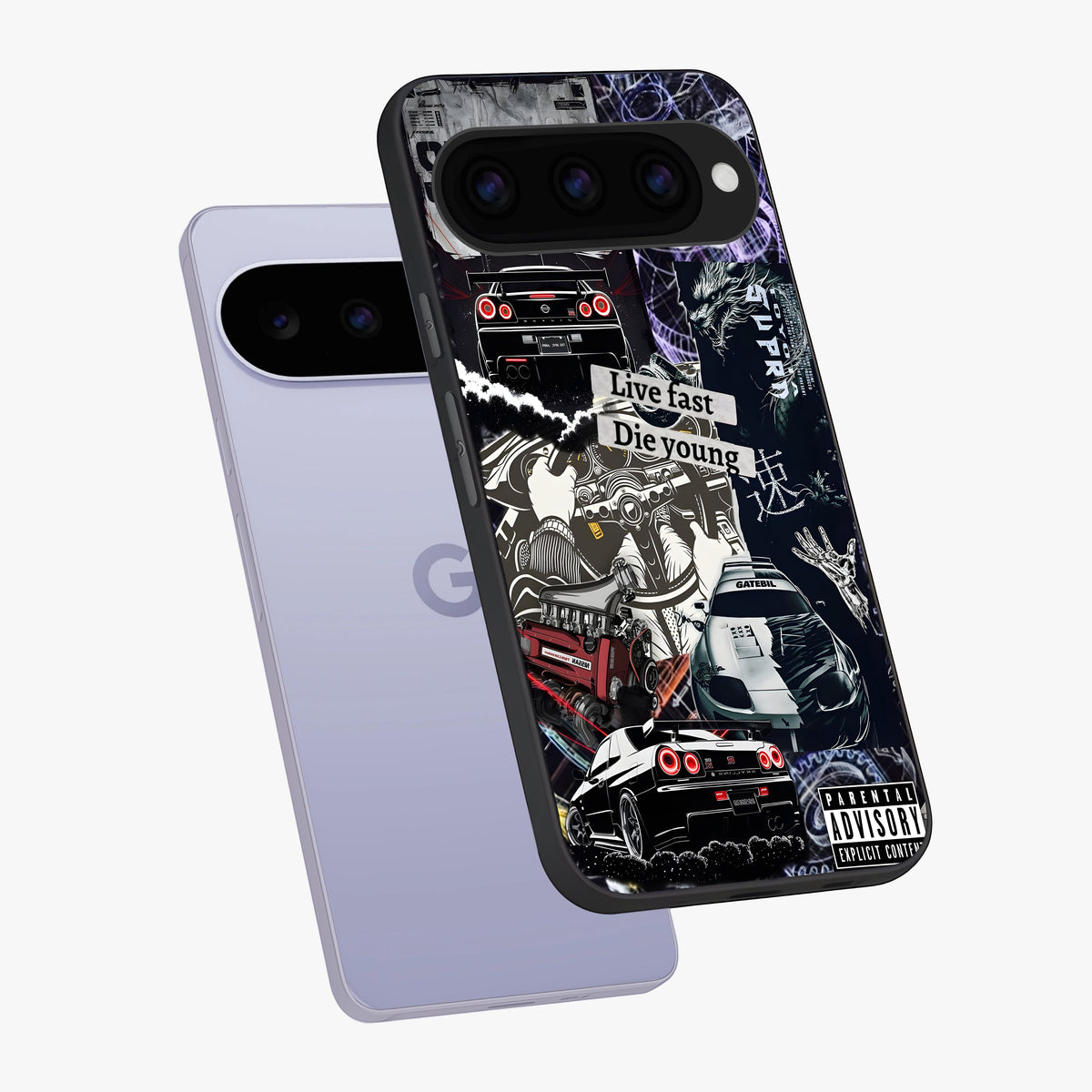 Die Young Glass Case displayed in angled mockup highlighting expressive graphic artwork with edgy aesthetic style.