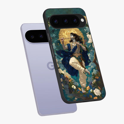 Divine Krishna Art Glass Case displayed in angled mockup highlighting spiritual Krishna illustration with devotional aesthetic.