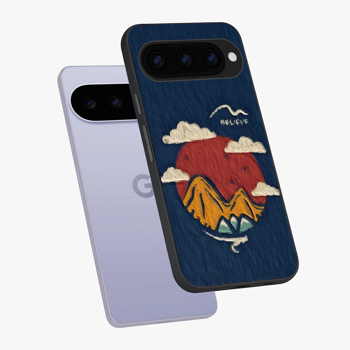 Dream Beyond Mountains Glass Case displayed in angled mockup highlighting dreamy mountain illustration with peaceful aesthetic.