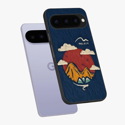 Dream Beyond Mountains Glass Case displayed in angled mockup highlighting dreamy mountain illustration with peaceful aesthetic.