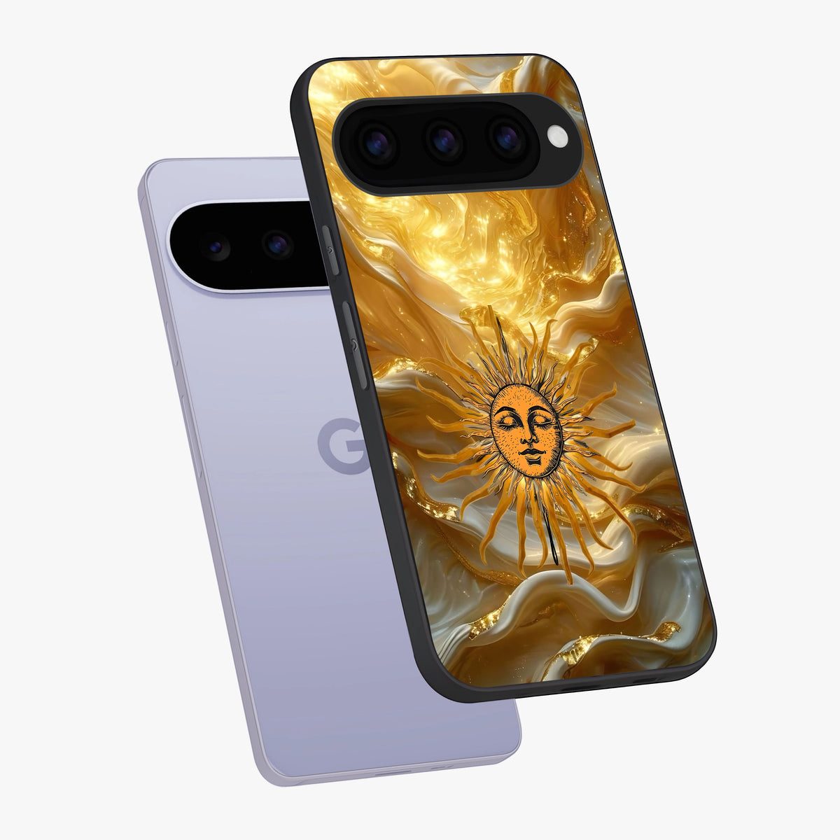 Eternal Golden Glow Glass Case displayed in angled mockup highlighting glowing golden aesthetic design with elegant style.