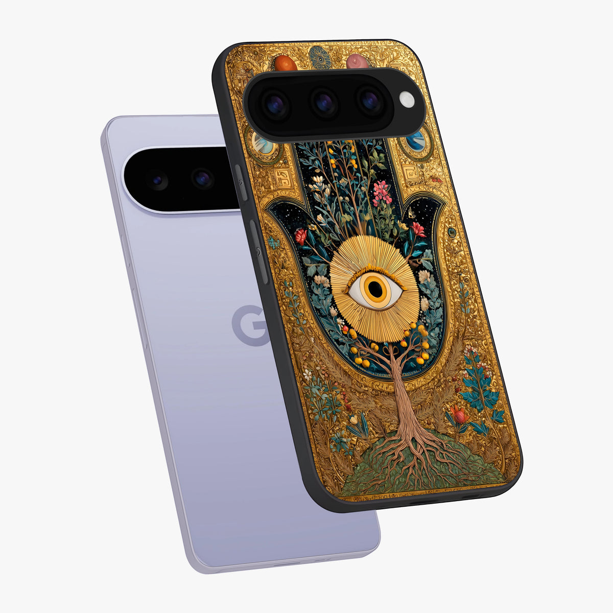 Ethereal Evil Eye Glass Case displayed in angled mockup highlighting protective evil eye symbol with spiritual aesthetic design.