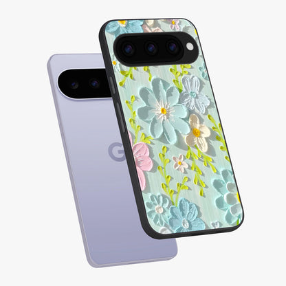 Frosted Petal Garden Glass Case displayed in angled mockup highlighting delicate flower petal design with calm garden aesthetic.