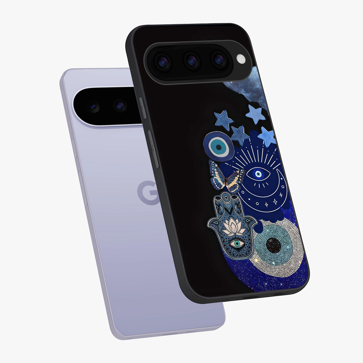 Galactic Charm Cluster Glass Case displayed in angled mockup highlighting luminous galaxy inspired design with dreamy aesthetic.
