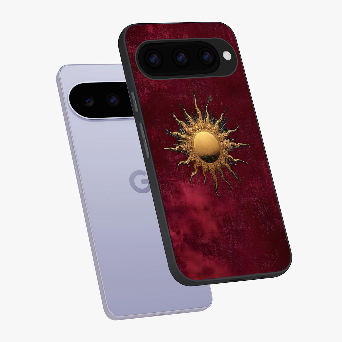 Golden Sun Minimalism Glass Case displayed in angled mockup highlighting clean sun symbol design with modern minimal aesthetic.
