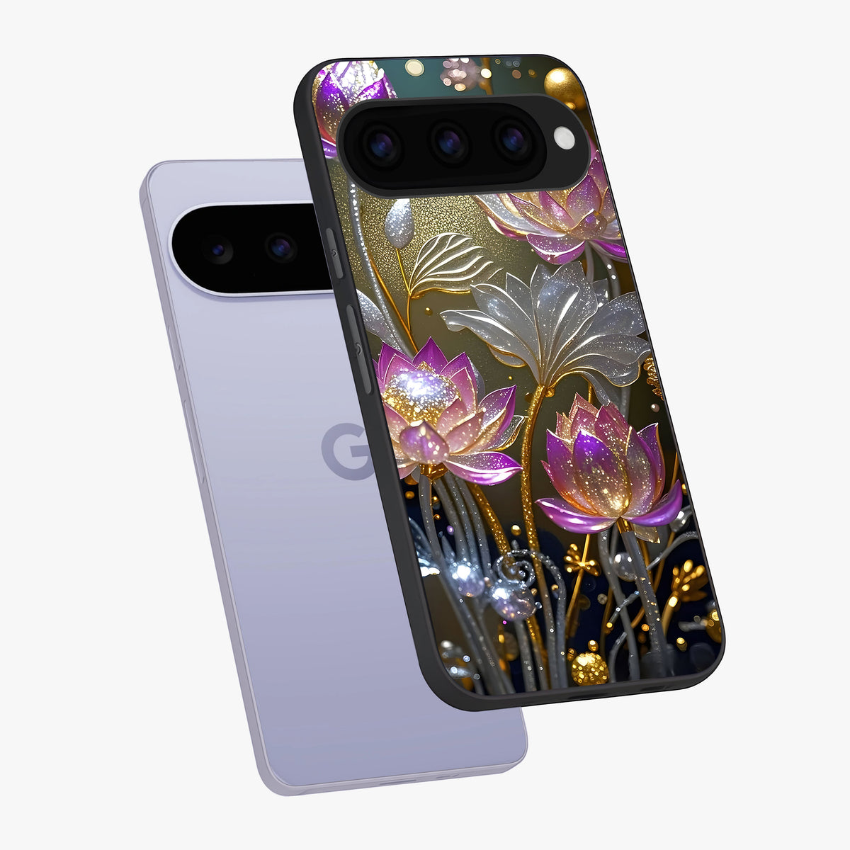 Golden Floral Majesty Glass Case displayed in angled mockup highlighting elegant flower design with royal golden aesthetic.