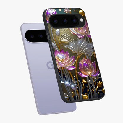 Golden Floral Majesty Glass Case displayed in angled mockup highlighting elegant flower design with royal golden aesthetic.