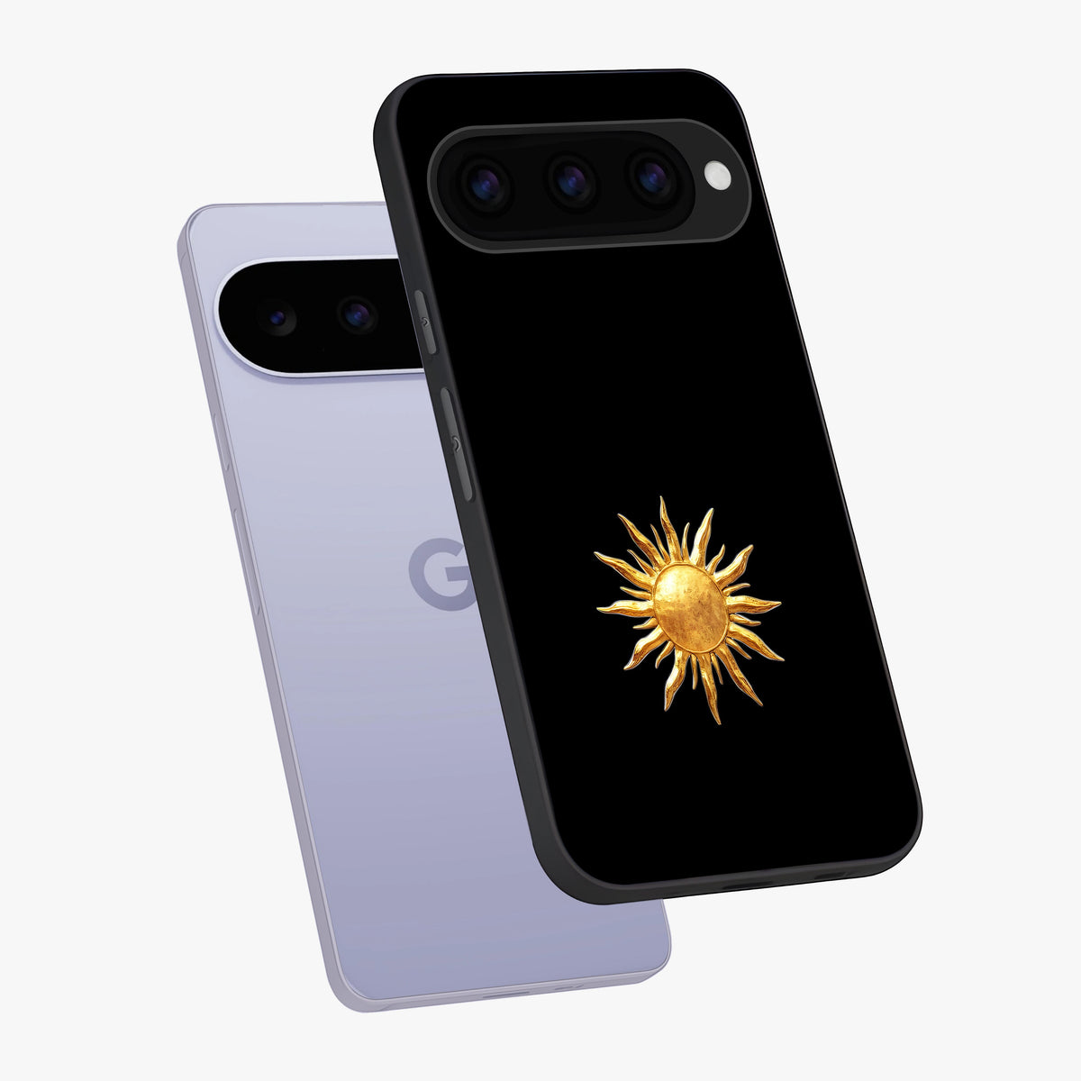 Golden Sun Minimalism Glass Case displayed in angled mockup highlighting eerie shadow illustration with gothic aesthetic.