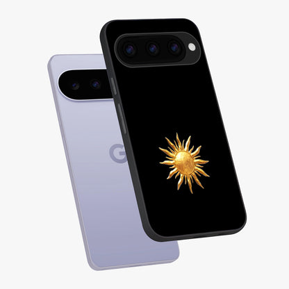 Golden Sun Minimalism Glass Case displayed in angled mockup highlighting eerie shadow illustration with gothic aesthetic.