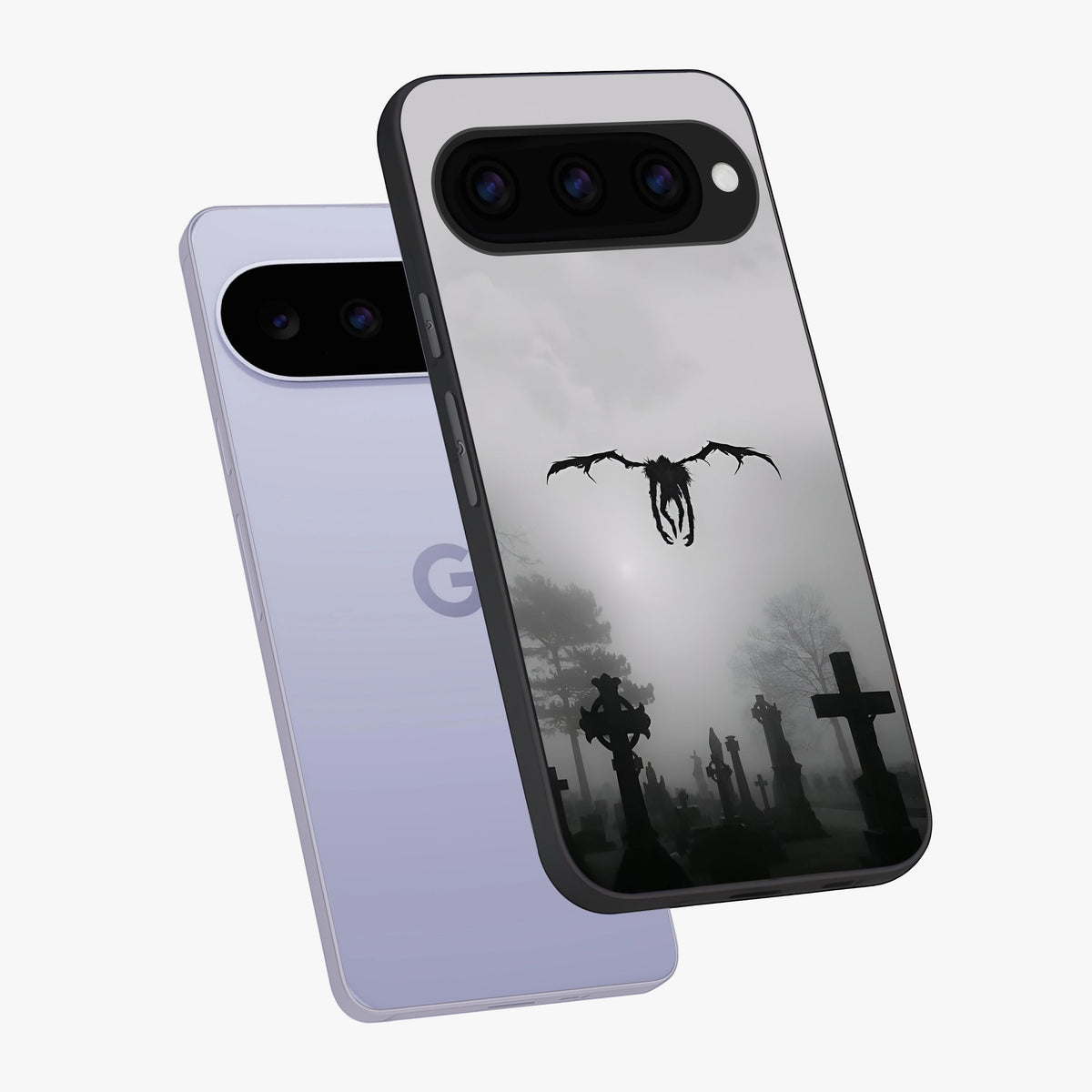 Graveyard Shadow Descent Glass Case displayed in angled mockup highlighting eerie shadow illustration with gothic aesthetic.