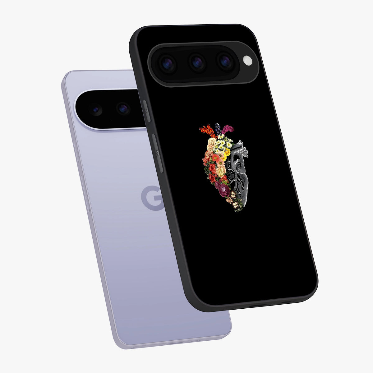 Heart With Flowers Glass Case displayed in angled mockup highlighting romantic flower design with soft aesthetic style.