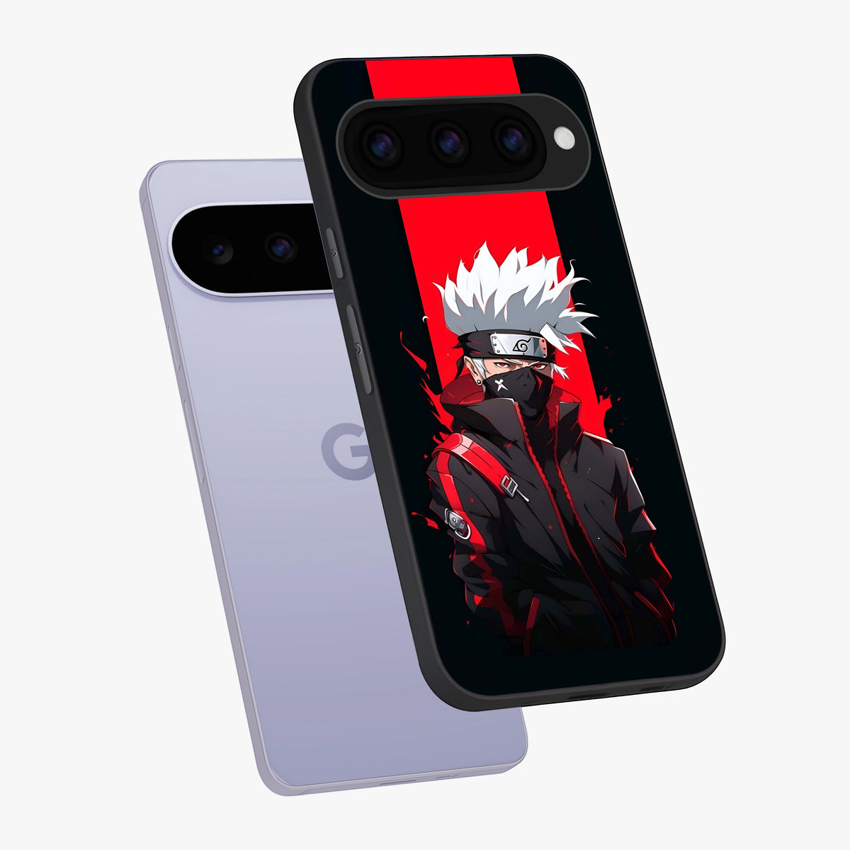 Kakashi Scarlet Shadow Glass Case displayed in angled mockup highlighting dramatic ninja illustration with scarlet themed aesthetic.