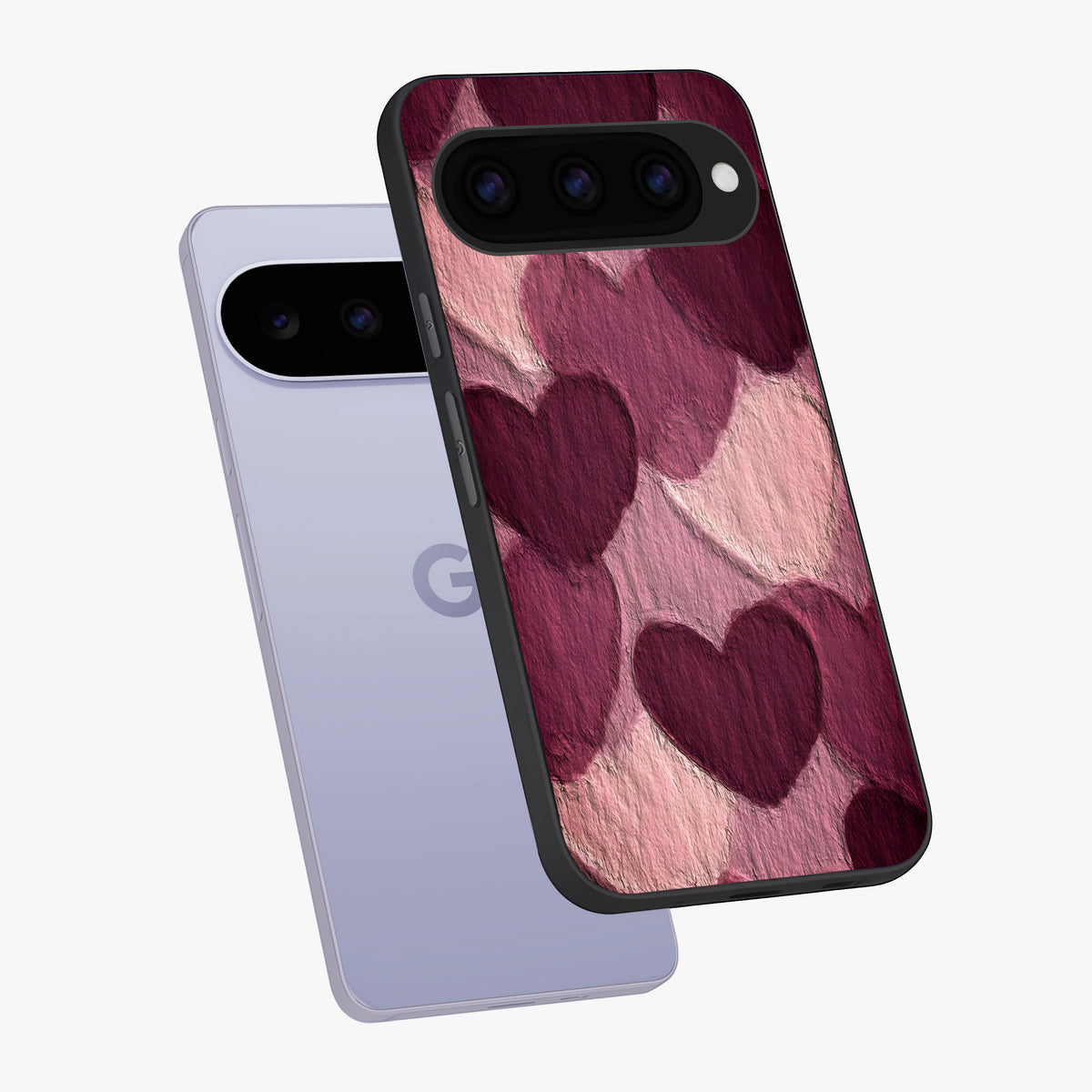 Layered Paper Hearts Glass Case displayed in angled mockup highlighting creative paper craft heart design with romantic aesthetic.