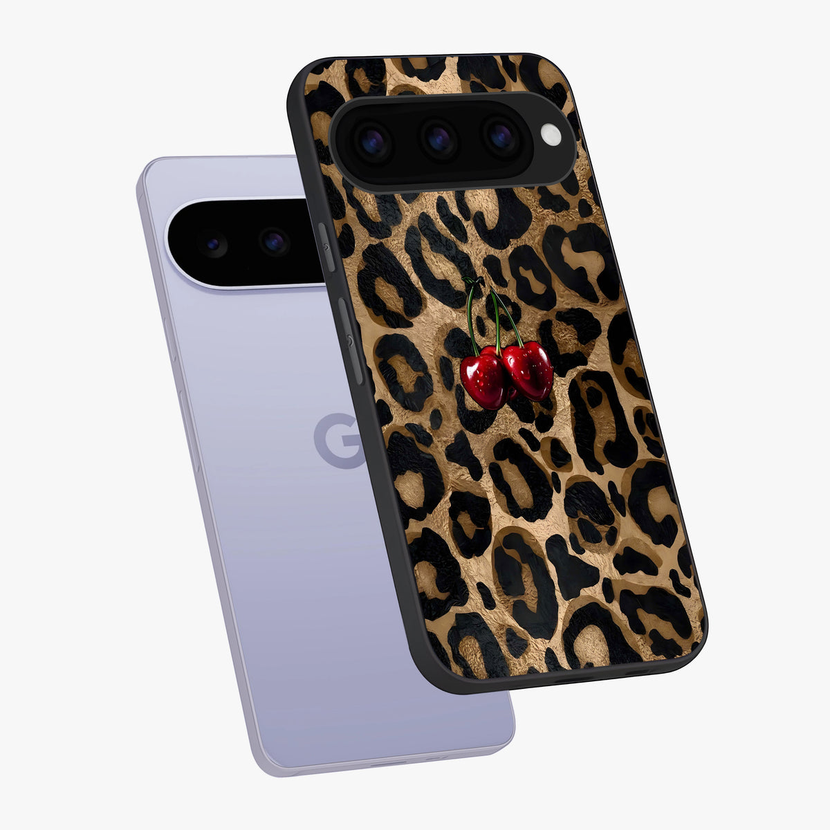 Leopard Wild Cherry Glass Case displayed in angled mockup highlighting bold animal print design with playful cherry aesthetic.