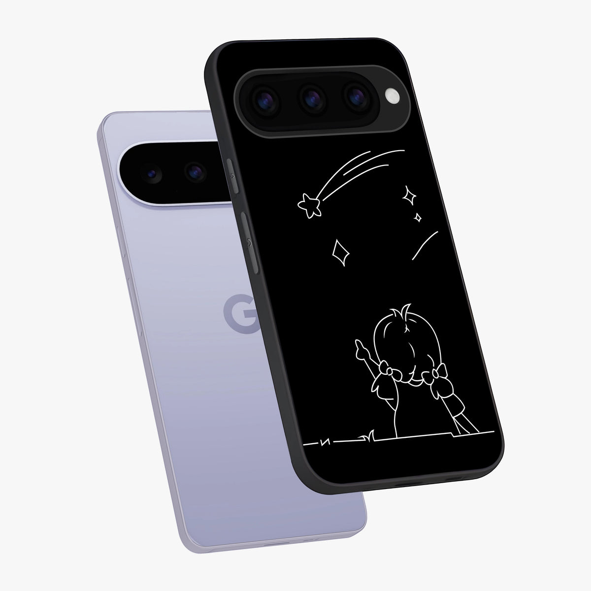 Line Art Girl With Shooting Stars Glass Case displayed in angled mockup highlighting elegant line art design with dreamy star aesthetic.