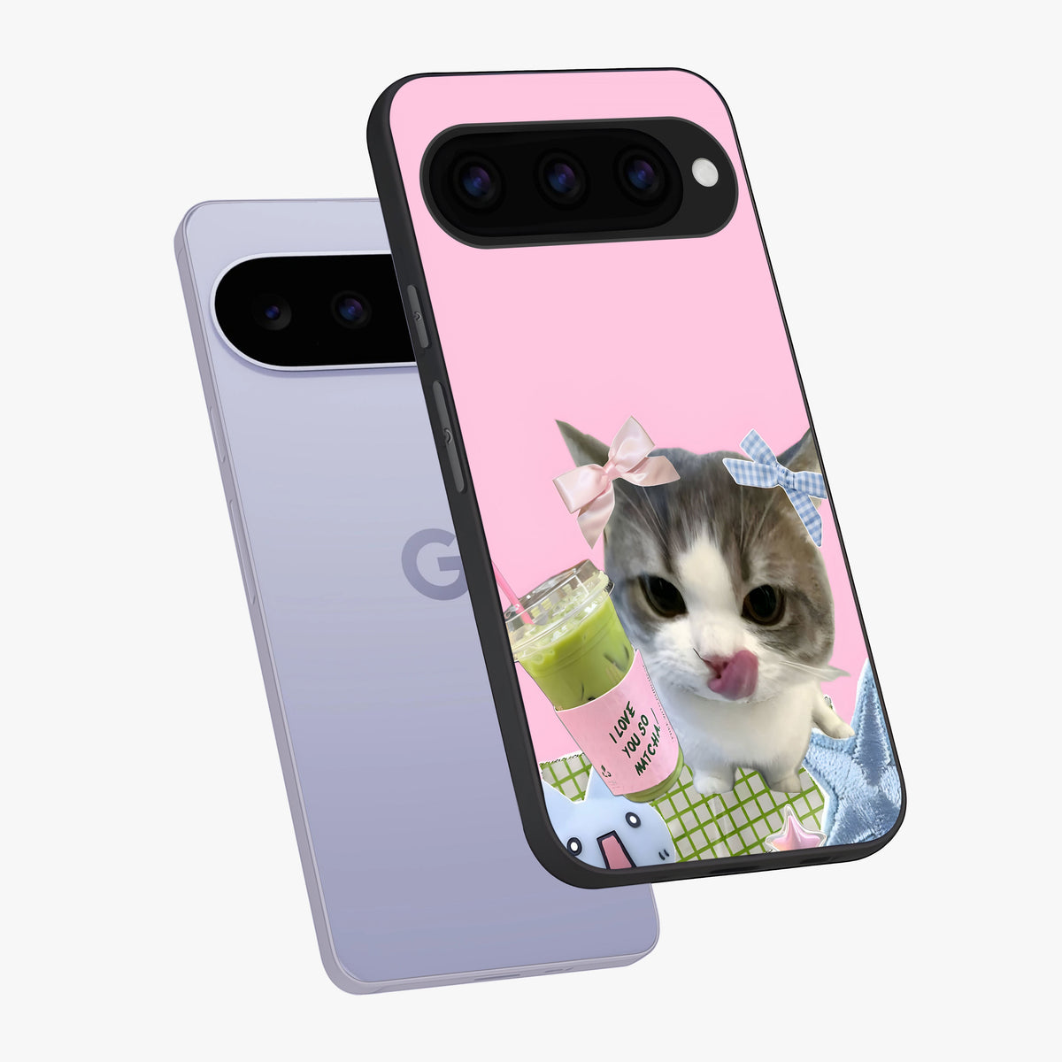 Love Matcha Cat Glass Case displayed in angled mockup highlighting playful feline illustration with cozy matcha aesthetic.