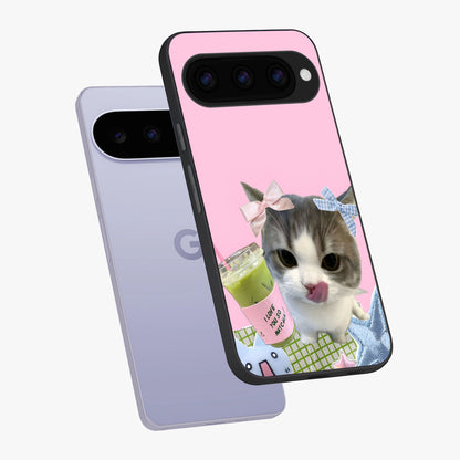 Love Matcha Cat Glass Case displayed in angled mockup highlighting playful feline illustration with cozy matcha aesthetic.