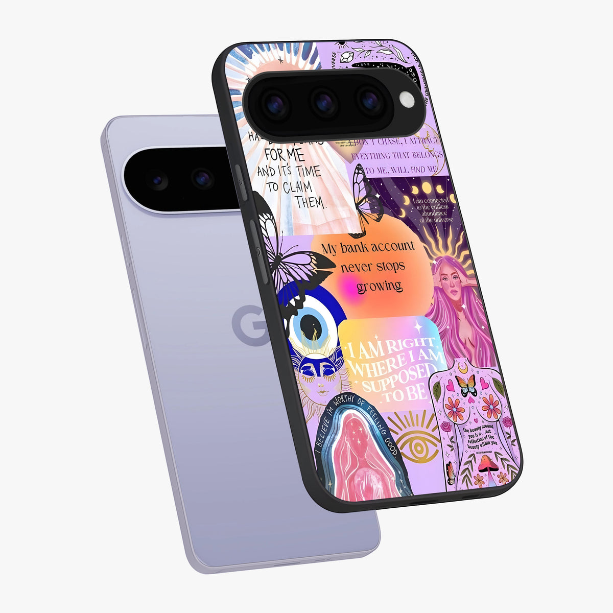 Manifestation Collage Glass Case displayed in angled mockup highlighting inspirational aesthetic collage design.