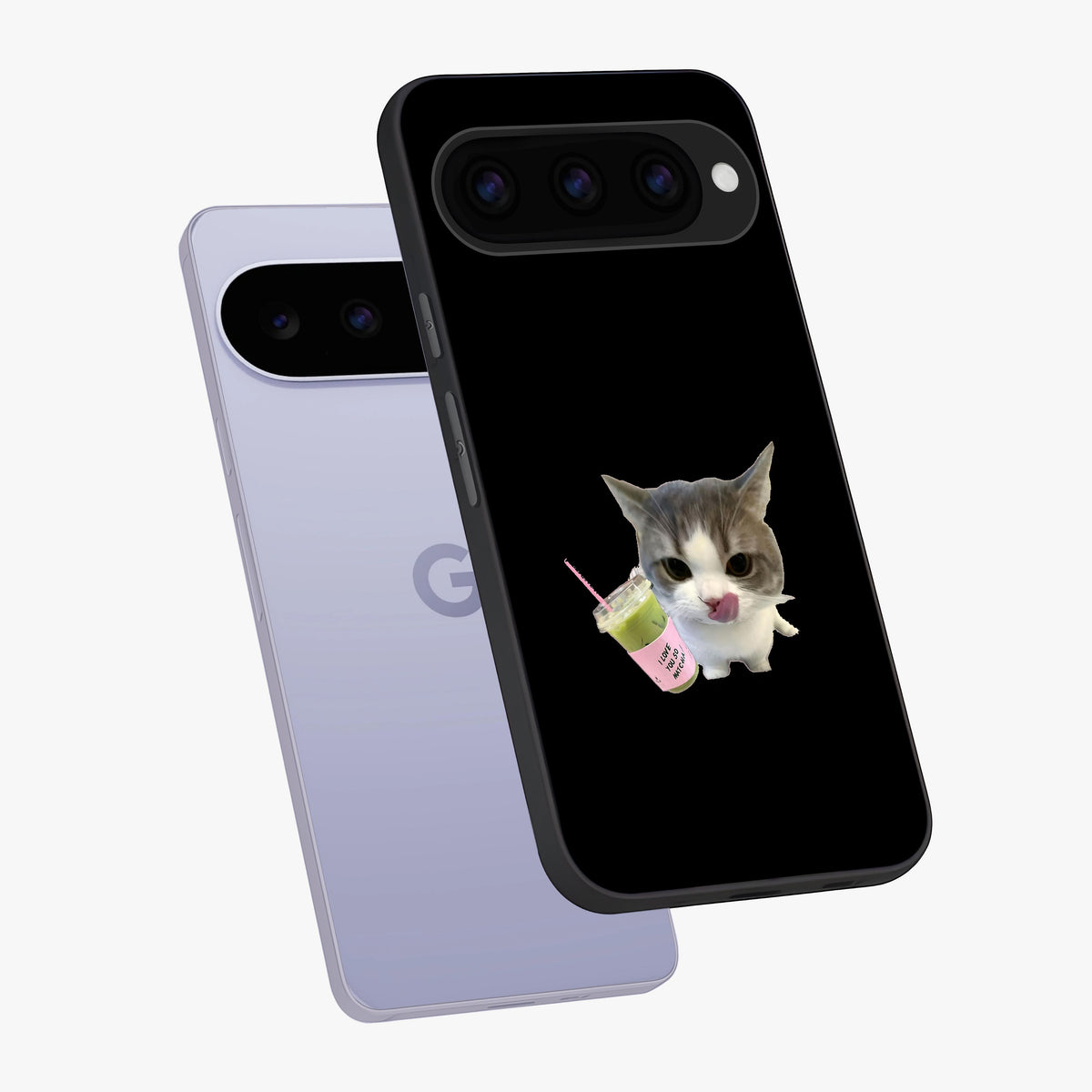 Matcha Cat Style Glass Case displayed in angled mockup highlighting playful feline design with pastel matcha aesthetic.