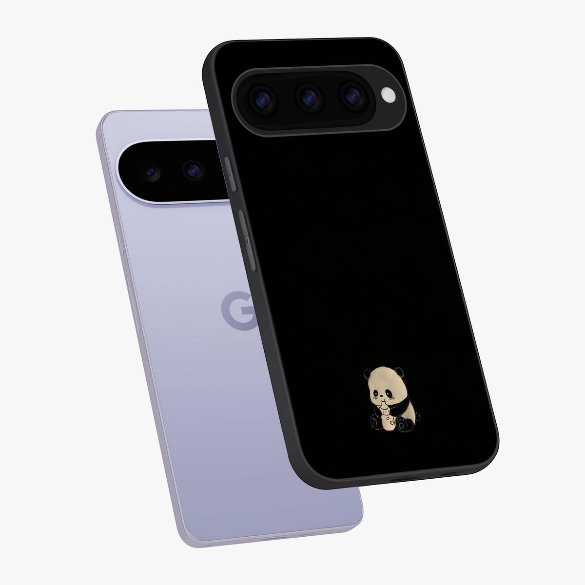 Midnight Panda Love Glass Case displayed in angled mockup highlighting adorable panda illustration with midnight aesthetic.