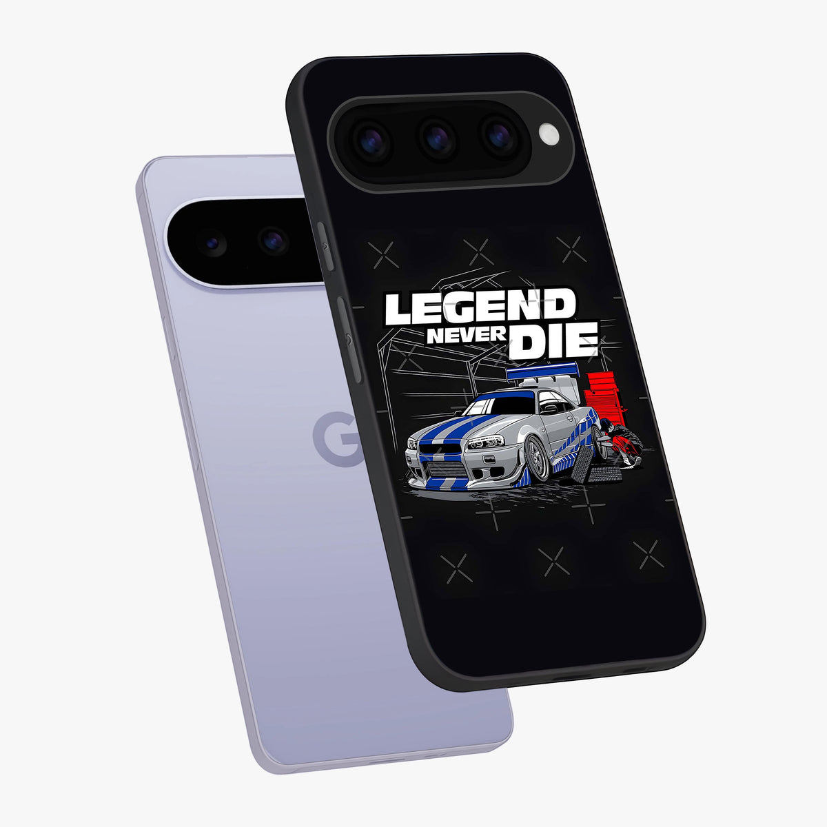 Midnight Racing Legacy Glass Case displayed in angled mockup highlighting dynamic automotive design with bold midnight aesthetic.