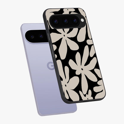 Monochrome Petal Dance Glass Case displayed in angled mockup highlighting elegant petal design with black and white aesthetic.